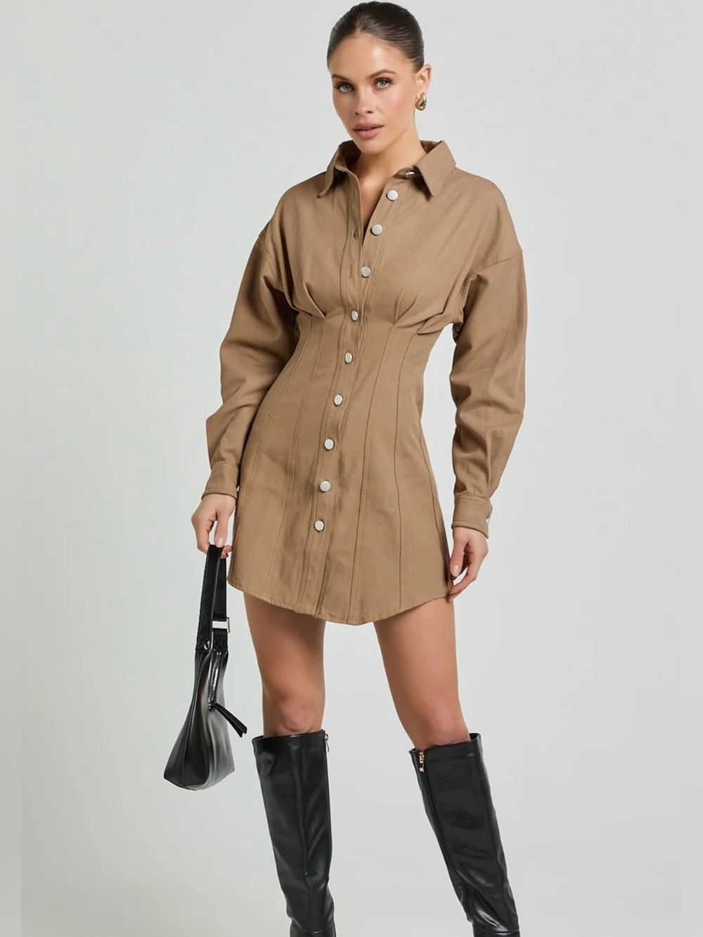Showpo Sofia Button Through Long Sleeve Mini Dress In Mocha - Picture 2 of 8